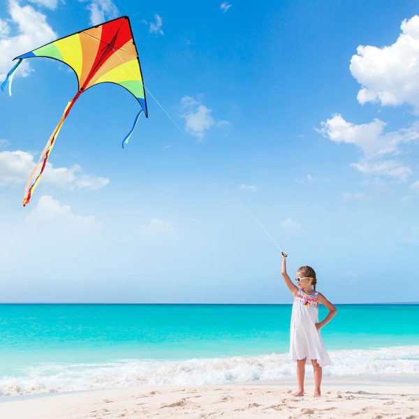 JOYIN 3 Packs Large Delta Kite Green, Blue and Rainbow, Easy to Fly for Kids with 262.5 ft String, Large Delta Beach Kite for Outdoor Games and Activities - Image 4