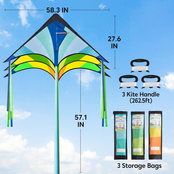 JOYIN 3 Packs Large Delta Kite Green, Blue and Rainbow, Easy to Fly for Kids with 262.5 ft String, Large Delta Beach Kite for Outdoor Games and Activities - Image 6