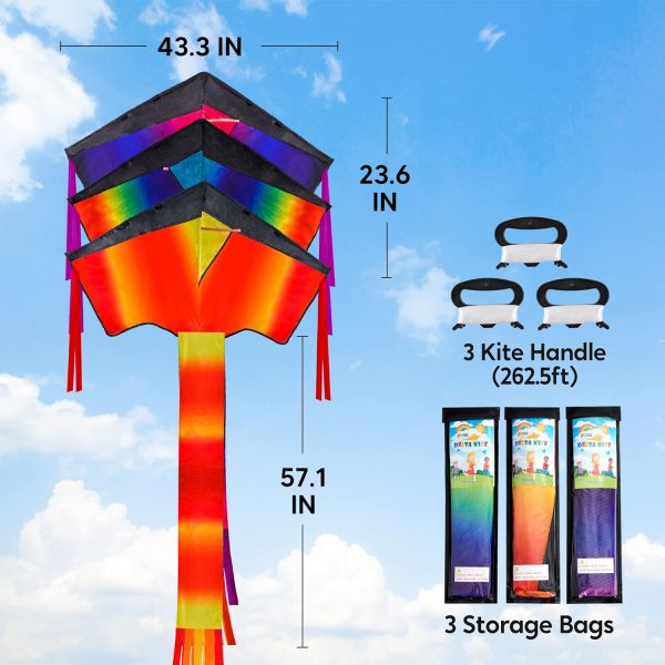 JOYIN 3 Packs Delta Multicolor Kite Warm and Cold Color Easy to Fly for Kids and Adults with 262.5 ft String, Large Delta Beach Kite for Outdoor Games and Activities - Image 7